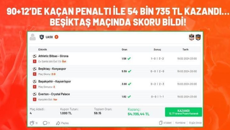 90+12’de kaçan penaltı ile 54 bin 735 TL kazandı